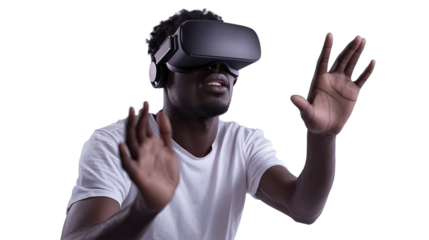 Exploring the Metaverse: A young man immerses himself in a virtual reality experience, his hands outstretched in awe and wonder.