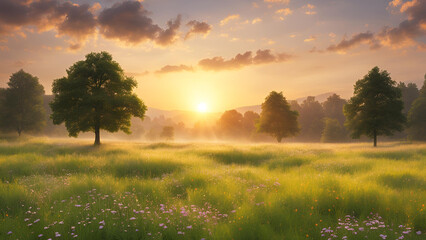 Naklejka premium The meadow bathed in the warm hues of sunset provides a serene backdrop for a meditative experience