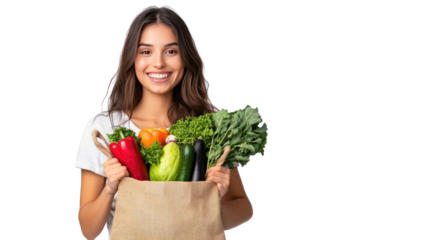 Radiant Health: A young woman smiles radiantly, showcasing a bag filled with fresh, vibrant vegetables.  A picture of healthy eating and well-being.