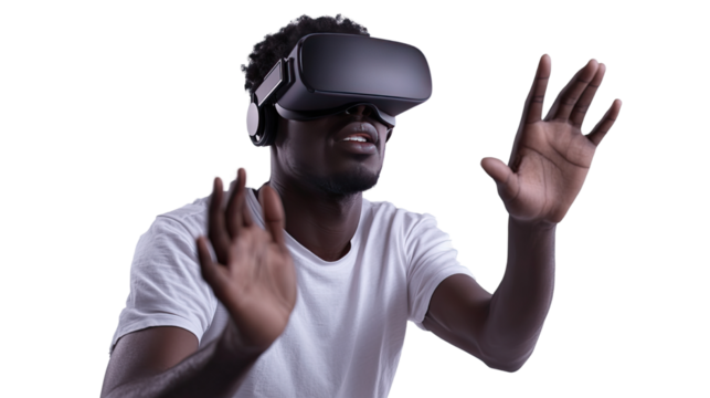 Exploring the Metaverse: A young man immerses himself in a virtual reality experience, his hands outstretched in awe and wonder.
