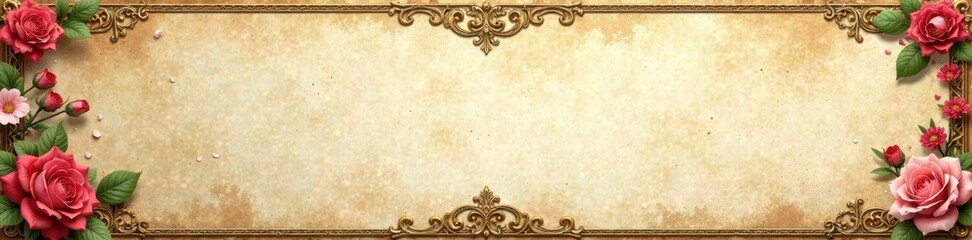 Distressed paper with ornate gold border and floral patterns , parchment, border