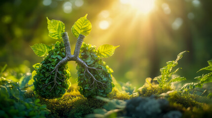 Nature-inspired lungs sculpture in sunlit forest surroundings