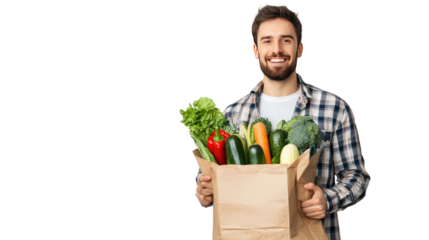 Healthy Lifestyle: A young man beaming with joy, carrying a full paper bag of fresh vegetables, symbolizing a commitment to healthy eating and a vibrant lifestyle.  