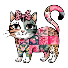 Whimsical Watercolor Cat with Patchwork and Bow