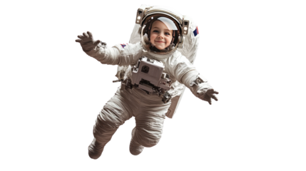 Astronaut Floating in Space: A young astronaut, filled with wonder, floats weightlessly in the vast expanse of space. Their joyful expression reflects the awe and excitement of exploring the cosmos.