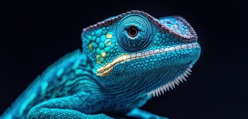 Fototapeta premium Detailed close-up of a blue chameleon, black background enhancing its color.