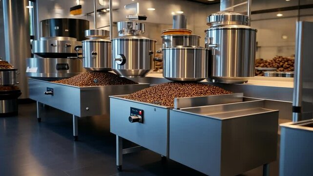 Hazelnut Processing Facility: Rows of gleaming stainless steel equipment fill a modern food processing facility, showcasing the industrial scale production of hazelnuts.
