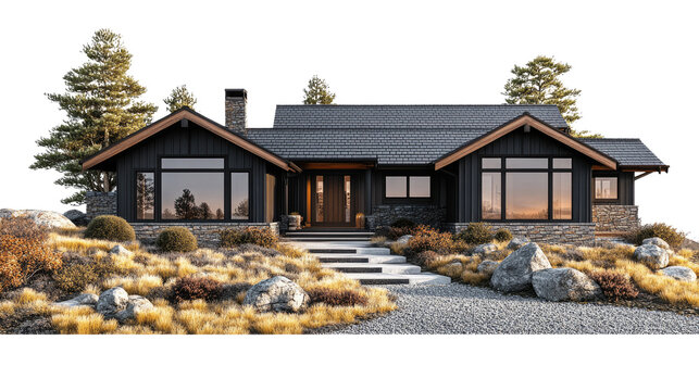 Modern Mountain Home: A contemporary, black-trimmed cabin nestled amidst a serene landscape, exuding a rustic charm and inviting a sense of tranquility.