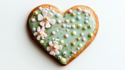 Fototapeta premium A heart-shaped cookie glazed with pastel green icing, topped with pastel-colored edible beads, delicate sugar flowers