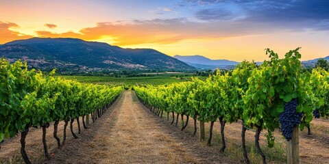 Naklejka premium Row of vine grape plants thriving in expansive vineyards, showcasing the beauty of vine grapes nestled in a serene landscape, perfect for illustrating the charm of vine grapes in nature.