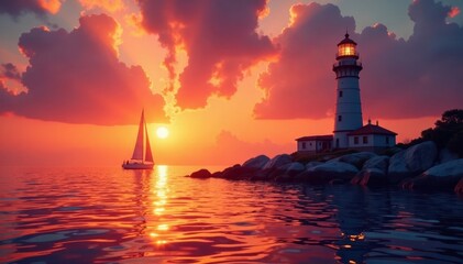Lighthouse at sunset with a sailboat in the foreground, romantic, sailboat
