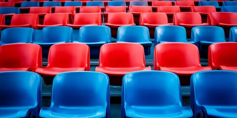 Fototapeta premium Vibrant red and blue plastic seats arranged in a grandstand setting, showcasing a lively atmosphere created by the contrasting colors of the red and blue plastic seats.
