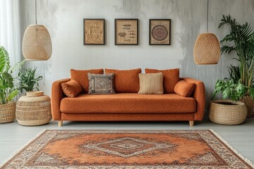 Cozy Living Room Interior with Orange Sofa and Boho Decor
