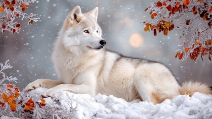 Obraz premium Majestic Arctic Wolf Lying on Snowy Ground Surrounded by Winter Foliage and Snowflakes