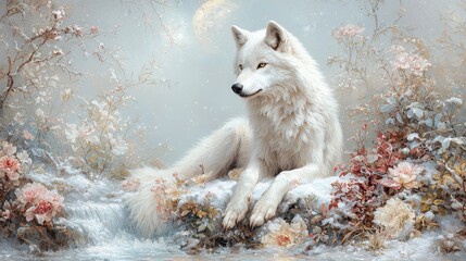 Obraz premium Majestic Arctic Wolf Resting in Serene Snowy Landscape Surrounded by Delicate Flowers