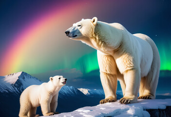 Polar bear with cub at the north pole, aurora in the background