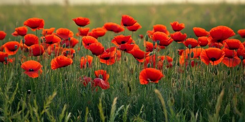 Obraz premium Vibrant field of red poppies beautifully contrasts against a lush green background, showcasing the stunning natural scenery of red poppies in full bloom, perfect for nature lovers.