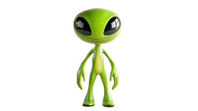 Friendly Alien: A charming and approachable green alien with large eyes and a friendly smile. This 3D rendering is perfect for science fiction, children's books, and fun, whimsical projects.   - Powered by Adobe