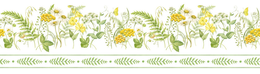 Wild flowers and herbs, daisies, sweet peas, tansy, strawberries in a seamless pattern. Seamless border of wild and meadow flowers