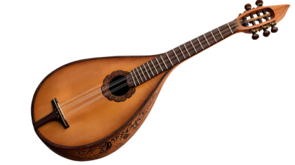 The Intricate Beauty of the Portuguese Guitar: A close-up shot captures the intricate details of a Portuguese guitar, its wooden body and strings gleaming under the light.