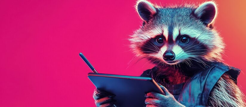 Artistic raccoon using a digital tablet, set against a backdrop of vivid magenta.