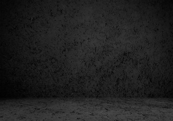 Empty black room studio with shadow overlay effect for product presentation display. Art and architecture showroom. Vintage retro concrete cement showroom. Minimal Mock up interior background.