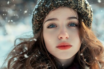 Teenage girl with blue eyes and winter hat enjoying snowfall in winter wonderland