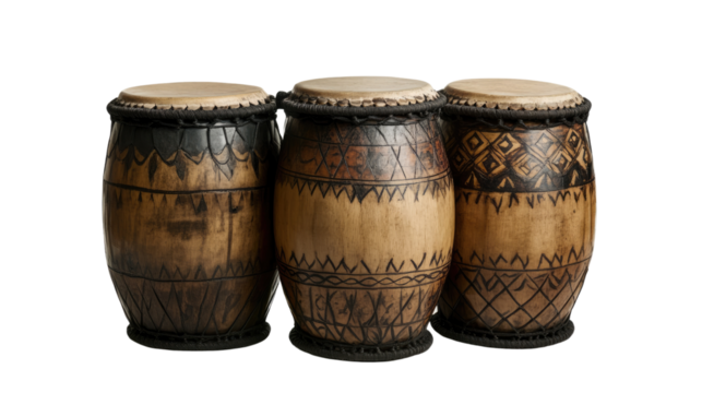 Three Traditional Drums: A trio of intricately carved wooden drums stands side-by-side, showcasing the beauty of traditional craftsmanship.  