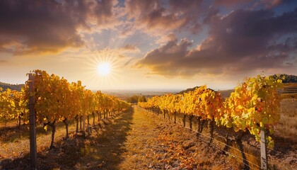 Fototapeta premium Vineyard In Fall Harvest With Ripe Grapes At Sunset