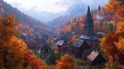 A quaint village nestled in a valley surrounded by autumn trees.