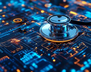 Stethoscope on a digital healthcare interface with a holographic medicine display, futuristic medical technology and healthcare network