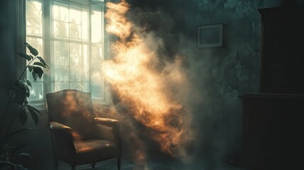 A smoky atmosphere in a dark room.