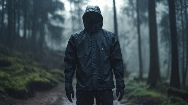 Mysterious figure in dark raincoat standing in a misty forest during rainfall.