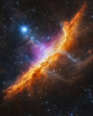 Astrophotography of a distant nebula in space, with bright, glowing gas clouds and nebulae in shades of orange, purple, and blue, scattered across a starry sky