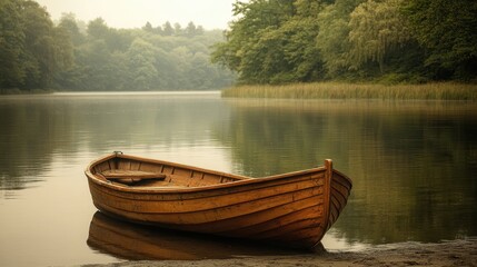Obraz premium A wooden rowboat moored on a tranquil lake shore.