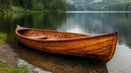 Obraz premium A wooden rowboat moored on a tranquil lake shore.