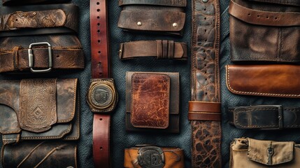 Artistic representation of leather accessories, like belts and wallets, arranged artfully on a soft fabric background.