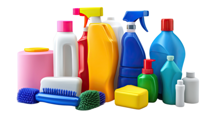 Cleaning Supplies Collection: A vibrant assortment of colorful cleaning products, including bottles, sprays, brushes, and a sponge, ready to tackle any cleaning task.  