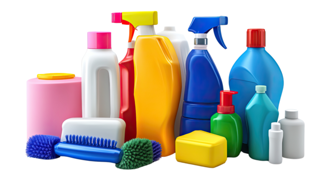 Cleaning Supplies Collection: A vibrant assortment of colorful cleaning products, including bottles, sprays, brushes, and a sponge, ready to tackle any cleaning task.  