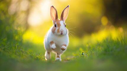 Obraz premium cute rabbit brown white tone color hopping around on grass field with morning sunlight 