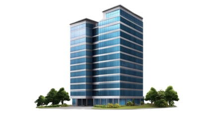 Modern Office Building: A striking architectural design, two sleek glass towers with a subtle blue hue, stand tall against a backdrop of lush greenery. The image evokes a sense of modernity.