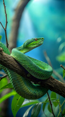 Fototapeta premium a green snake on a branch in the garden