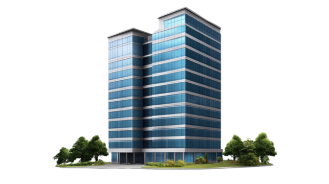 Modern Office Building: A striking architectural design, two sleek glass towers with a subtle blue hue, stand tall against a backdrop of lush greenery. The image evokes a sense of modernity.