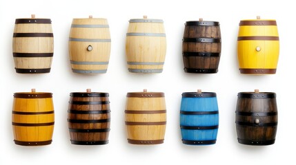 A collection of colorful wooden barrels arranged in two rows, showcasing various finishes and designs, ideal for decorative or storage purposes.