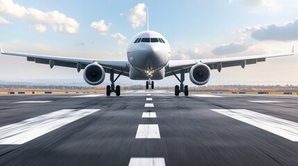 large passenger plane sits on a runway, ready for takeoff. It faces the camera with a backdrop of clouds and a vibrant landscape, showcasing a bright and beautiful day