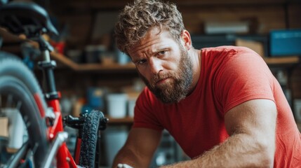 man with a beard wears a red shirt while focused on fixing a bicycle inside a cluttered workshop filled with various tools and equipment in daylight