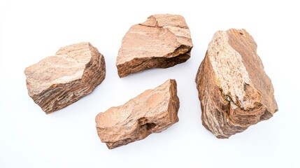 Four irregularly shaped rocks with a layered texture, showcasing shades of brown and beige, against a white background.