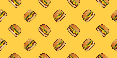 Pixel art seamless pattern with a burger. Pixelated pop burger fast food. Pixelated for the game and icon for website. Vectoor old school retro image isolated.