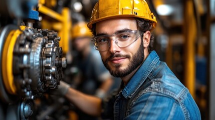 confident technician in a yellow hard hat and safety glasses adjusts machinery in a well-lit industrial setting, demonstrating expertise and focus on the task at hand