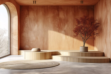 Wooden Podium for Product Presentation with Leafs Plants